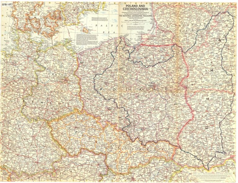 POLAND AND  CZECHOSLOVAKIA  ATLAS PLATE 38 : SEPTEMBER 1958  Compiled and Drawn in the Cartographic Division of  the National Geographic Society for  THE NATIONAL GEOGRAPHIC MAGAZINE  MELVILLE BELL GROSVENOR, EDITOR  JAMES M. DARLEY, CHIEF CARTO-GRAPHER  Conic Projection