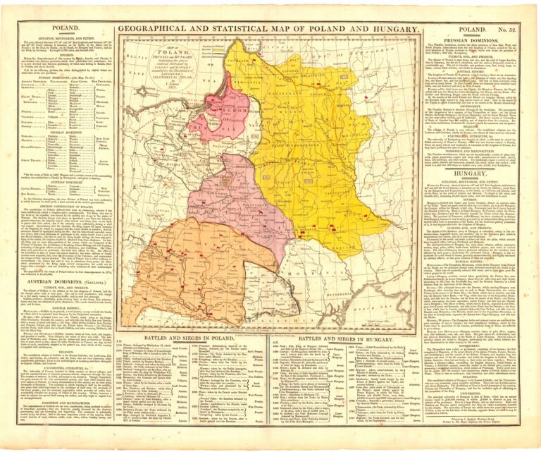MAP OF  POLAND  PRUSSIA and HUNGARY.  indicating the places  rende-red celebrated by  SIEGES and BATTLES  intended for the Elucidation of  LAVOISENE’S  HISTORICAL ATLAS.  by  C. Gros  1813. Na N poza ramką: GEOGRAPHICAL AND STATISTICAL MAP OF  POLAND AND HUNGARY.